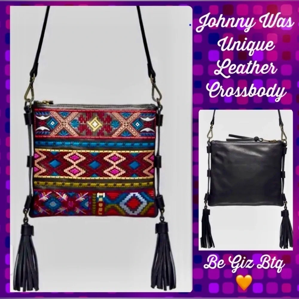 🔥🔥Johnny Was Zipped Crossbody Black Leather And Embroidery Design Tassel Bag NWT